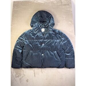 Lili Sidonio Womens Velvet Corduroy Puffer Jacket Small Blue Hooded Quilted Coat
